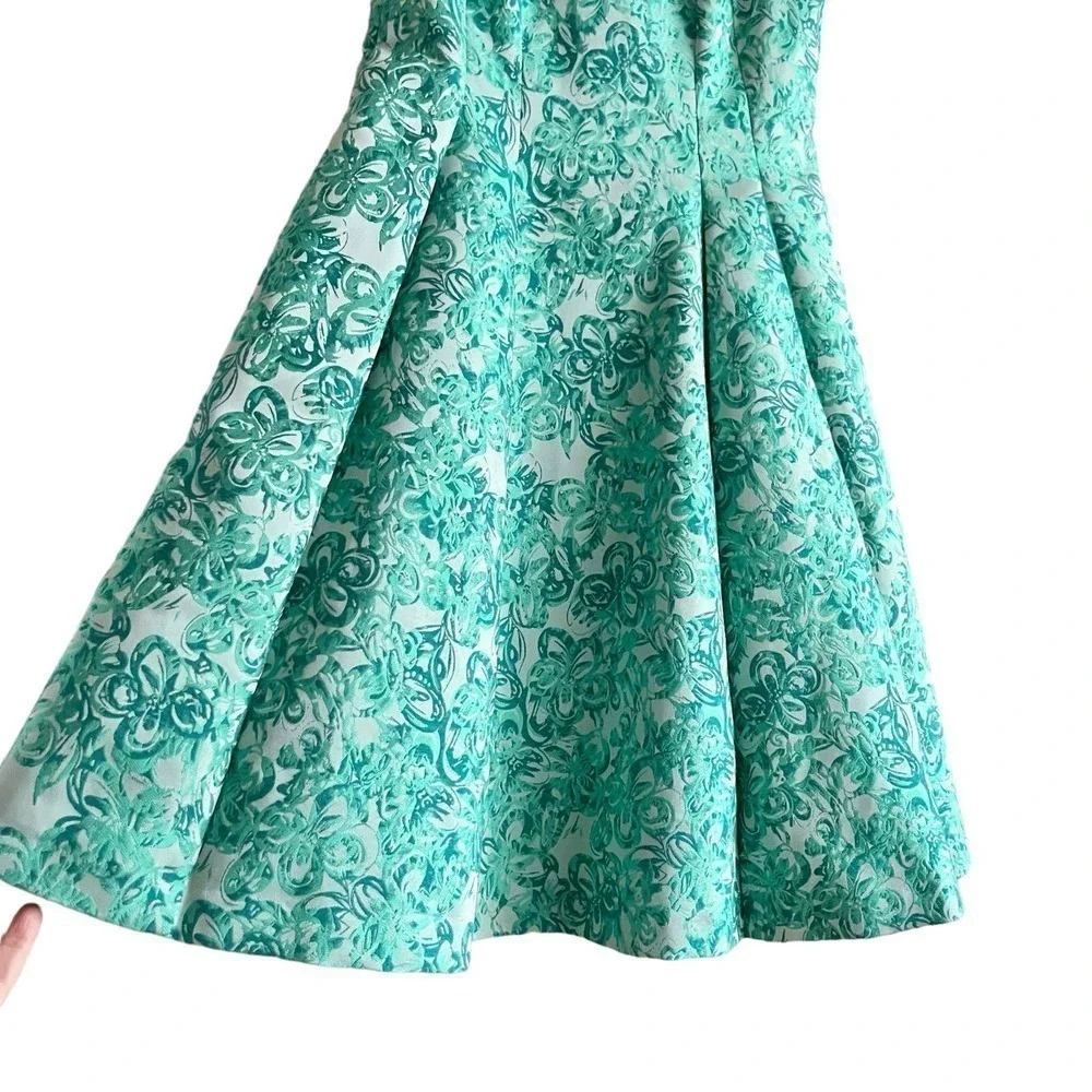 Yoana Baraschi Fit & Flare Jacquard‎ Cocktail Dress in Green Florals, Size 2